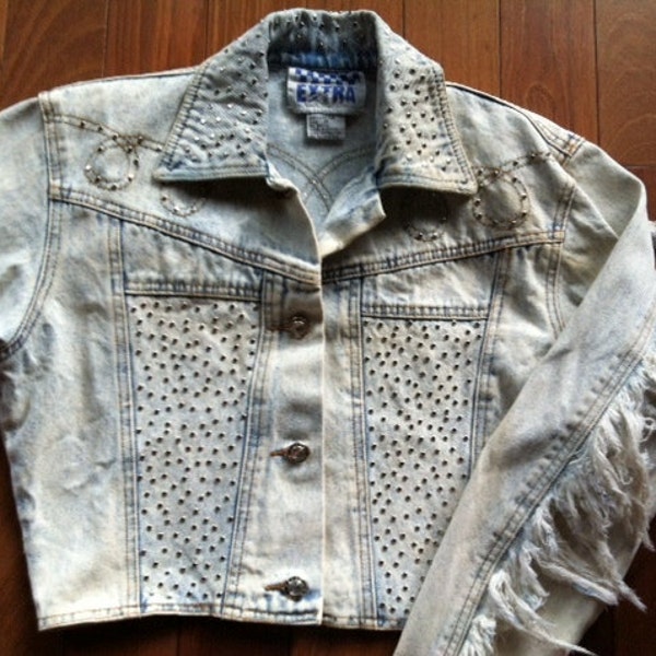 80s Acid Wash Studded Fringe Jean Jacket Size Small