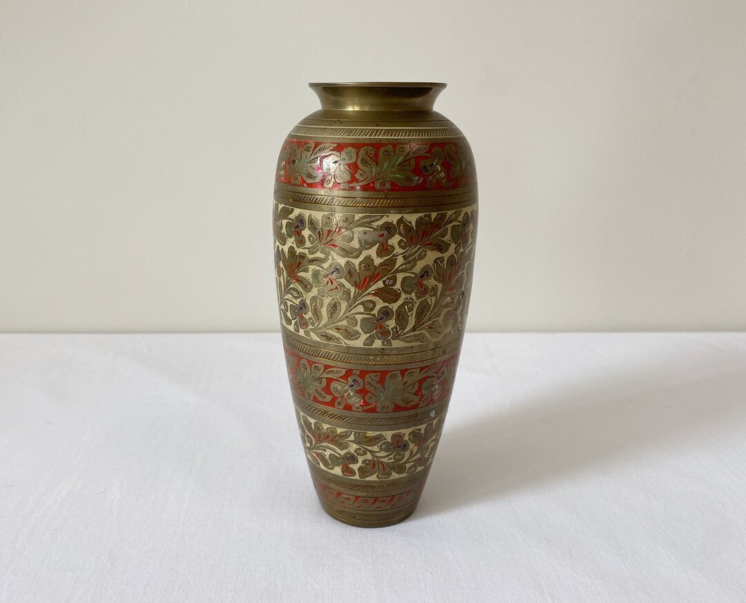 7 Vintage Etched Brass Vase / India Etched Brass / Mid Century Home Decor / Bud Vase / Bohemian