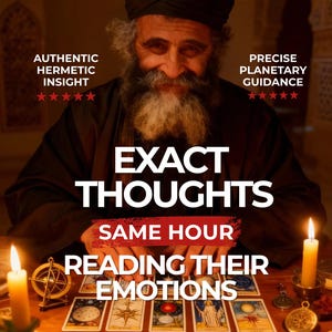 May include: An image of a man with a long white beard and a black turban, sitting at a table with tarot cards and lit candles. The text on the image reads "EXACT THOUGHTS, SAME HOUR, READING THEIR EMOTIONS."