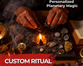 Pode incluir: Imagem de um ritual personalizado com o texto "Personalized Planetary Magic" e "CUSTOM RITUAL". A cena inclui uma vela acesa, pedras preciosas e várias ferramentas astrológicas. As mãos de uma pessoa seguram um pequeno objeto.