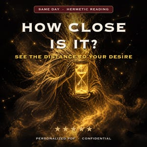 May include: A digital graphic featuring a golden, ethereal figure holding a glowing hourglass. Text reads: SAME DAY HERMETIC READING, HOW CLOSE IS IT? SEE THE DISTANCE TO YOUR DESIRE, PERSONALIZED PDF CONFIDENTIAL, and five golden stars at the bottom.