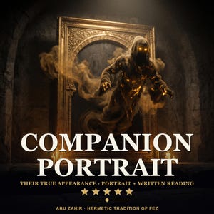May include: A gold-framed portrait featuring a hooded, smoke-like figure with glowing yellow eyes emerging from the frame. The text reads COMPANION PORTRAIT, THEIR TRUE APPEARANCE, PORTRAIT + WRITTEN READING, five stars, and ABU ZAHIR HERMETIC TRADITION OF FEZ.