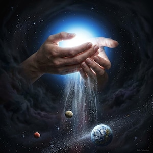 May include: Digital art depicting hands cupping a bright light, with streams of light and particles flowing downward. Planets and stars are visible in the background, creating a cosmic scene. The artwork evokes themes of creation and the universe.