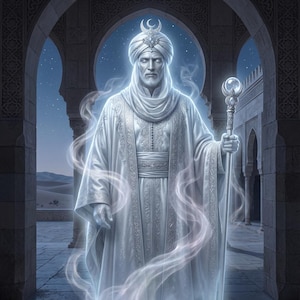 May include: An ethereal figure in white robes and a turban with a crescent moon adornment, holding a staff with a crystal orb. The image is set in an arched stone structure with a desert landscape in the background.