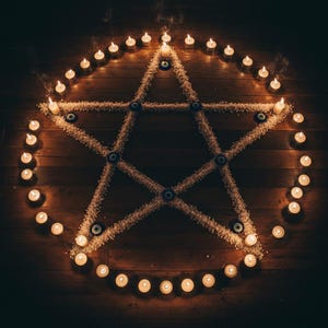 May include: A pentagram design made of salt and adorned with blue evil eye beads, surrounded by lit candles on a wooden surface. The candles are arranged in a circular pattern, creating a mystical and spiritual ambiance.