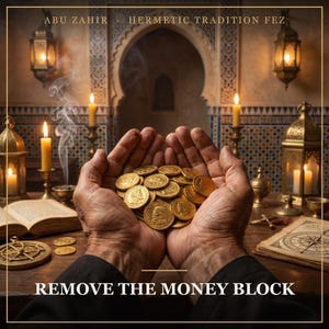 May include: A pair of hands cupping a collection of gold-colored coins. The text ABU ZAHIR HERMETIC TRADITION FEZ appears at the top, and REMOVE THE MONEY BLOCK is at the bottom. The scene includes lit candles, lanterns, an open book, and a compass.