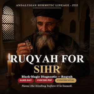 Puede incluir: Una persona mayor con barba larga gris y turbante negro sostiene un pequeño frasco de vidrio transparente. El texto dice: ANDALUSIAN HERMETIC LINEAGE FEZ, RUQYAH FOR SIHR, Black-Magic Diagnostic, SAME-DAY, CONCISE PDF, CONFIDENTIAL, Name the binding before it is loosed.
