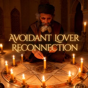 Könnte beinhalten: Ein Mann zündet eine Kerze an, umgeben von anderen brennenden Kerzen. Die Kerzen sind in einem Kreis um ein sternförmiges Design auf dem Boden angeordnet. Der Text "Avoidant Lover Reconnection" wird in goldfarbenen Buchstaben angezeigt.