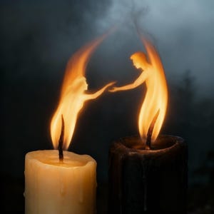 Può includere: Due candele accese con fiamme a forma di sagome che si tendono la mano. Una candela è color avorio, l'altra nera. Le fiamme sono arancioni e gialle su uno sfondo scuro e fumoso.
