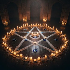 May include: A ritualistic scene featuring a pentagram design on a wooden floor, outlined with salt and candles. Blue evil eye charms are placed within the star's points. The scene is illuminated by numerous lit candles, creating a mystical ambiance.