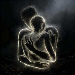 May include: A digital art piece depicting two figures embracing. The figures are outlined in a bright, glowing light against a dark, smoky background. The embrace suggests comfort and connection, with the light emphasizing the bond between them.