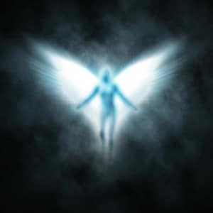 May include: A digital illustration of a figure with outstretched arms and large, glowing white wings. The figure is a light blue color, and the background is dark with a smoky effect, creating a celestial or ethereal atmosphere.