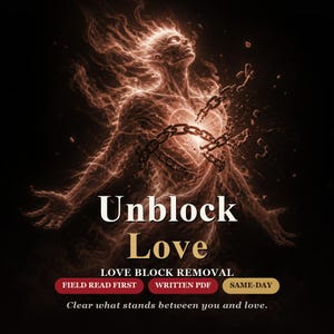 Op de afbeelding: Een digitale illustratie van een menselijke figuur bestaande uit wervelende oranje en bruine rook, met gebroken kettingen rond een gloeiend hart. Tekst: Unblock Love, LOVE BLOCK REMOVAL, FIELD READ FIRST, WRITTEN PDF, SAME-DAY, Clear what stands between you and love.