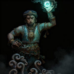May include: A detailed sculpture of a mystical figure, adorned in teal and gold attire, holding a glowing orb. The figure has a beard and is wearing a turban. The sculpture is set against a dark background with swirling mist.