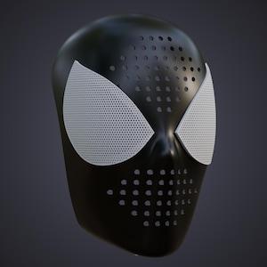 May include: A smooth black full-face mask featuring large, angular white eye lenses with a fine mesh texture. The forehead and chin areas of the mask are perforated with numerous small, evenly spaced circular holes for ventilation and detail.
