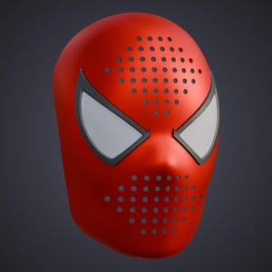May include: A bright red full-face mask featuring large, angular white eye lenses outlined in black. The forehead and mouth areas are covered in a grid of small, circular ventilation holes, creating a uniform pattern across the smooth surface.