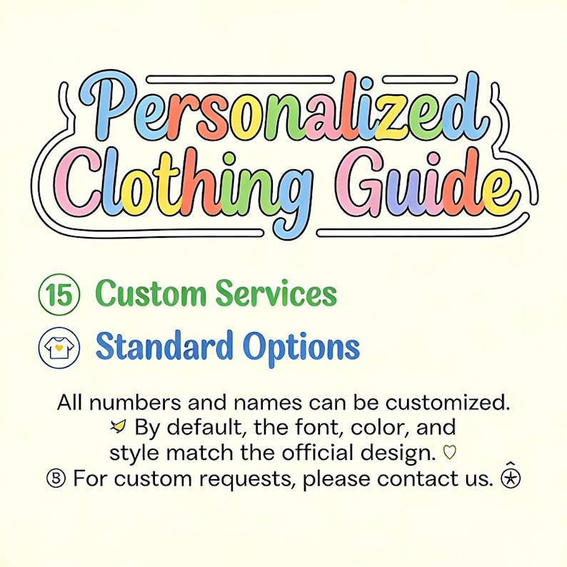 May include: A cream-colored graphic with the text "Personalized Clothing Guide" in a colorful, bubble-style font. Below are the words "Custom Services" and "Standard Options". Additional text explains customization options.