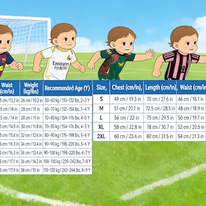 May include: Illustration of children in soccer uniforms, with a size chart. The uniforms are in various colors, including blue, white, green, pink, and yellow. A soccer ball is on the green field.