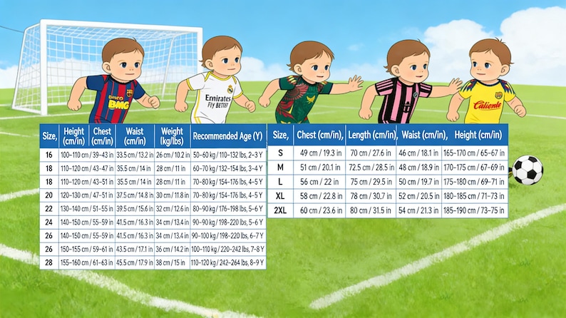 May include: Illustration of children in soccer uniforms, with a size chart. The uniforms are in various colors, including blue, white, green, pink, and yellow. A soccer ball is on the green field.