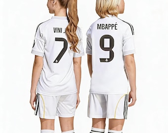 Real Madrid Mbappé #9 & Vini Jr #7 Kids Home Soccer Kit | Custom Youth Football Set | Gift for Madrid Fans