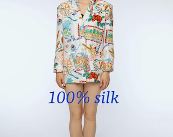 Vintage 90s Silk Blazer – French Provence Print, Oversized Power Look, Size L – Carol Horn
