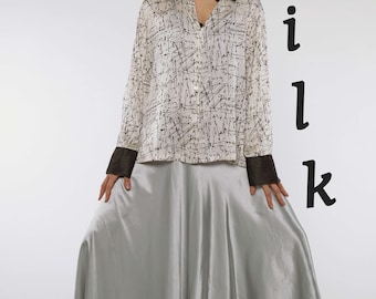 80s Vintage Silk Shirt – Abstract Brushstroke Print, Monochrome Art Blouse, Size L