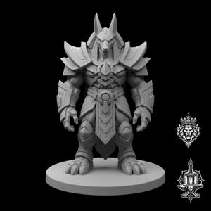 May include: A gray, unpainted miniature figurine of an anthropomorphic jackal warrior standing on a circular base. The figure wears layered, angular plate armor on the shoulders, arms, and legs, with a central chest emblem and a loincloth.