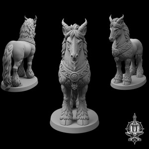 May include: A gray, unpainted miniature figurine of a horse with small horns, a thick mane, and ornate chest armor. The figure is displayed from three different angles, showing its muscular build, feathered hooves, and detailed, swirling patterns.