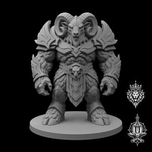 May include: A gray, unpainted miniature figurine of a muscular ram-headed humanoid warrior wearing ornate, layered plate armor with a ram-head belt buckle. The figure stands on a circular base, accompanied by two small, separate white icons.