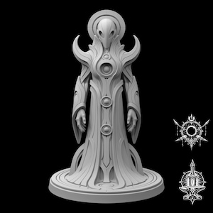 May include: A light gray, monochromatic figurine of a tall, slender humanoid figure wearing an ornate, flowing robe with circular chest details, high shoulder accents, and a halo-like headpiece, standing on a circular base with two small icons.