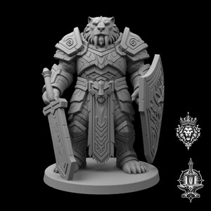May include: A grey, unpainted miniature figurine of a sabre-toothed tiger warrior standing on a circular base. The figure wears ornate, layered plate armour with spiral motifs, holds a large broadsword in one hand, and carries a shield in the other.