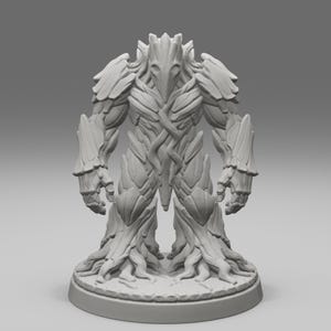 May include: A light gray miniature figurine of a humanoid creature composed of layered bark and root-like structures. The figure stands on a circular base, featuring a pointed head, broad shoulders, and textured limbs that resemble tree trunks.