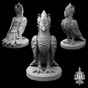 May include: A gray monochromatic figurine of a mythical bird creature with a sharp beak, feathered wings, and an ornate crest. The figure is adorned with intricate jewelry, including a necklace and headpiece, and stands on a circular base.