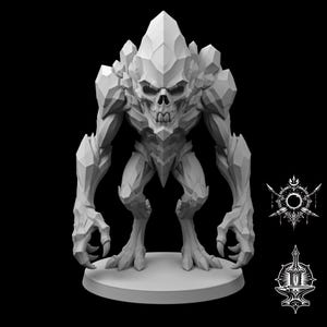 May include: A light gray, unpainted miniature figurine of a crystalline monster with a skull-like face, sharp angular limbs, and clawed hands, standing on a circular base. To the right are two small, detailed black and white circular icons.