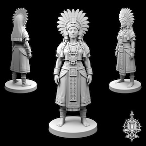 May include: A light gray miniature figurine of a standing figure wearing an elaborate feathered headdress, a beaded necklace, and a skirt with a central rectangular panel featuring carved details. The figure is shown from three different angles.