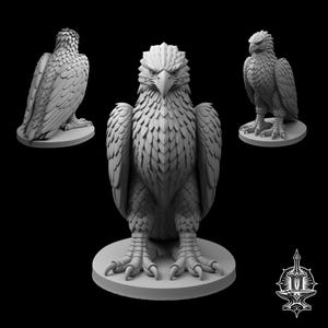 May include: A gray eagle figurine shown from three different angles, including a front view, a side view, and a three-quarter view. The eagle is standing on a circular base with detailed feathers and sharp talons, presented against a black background.