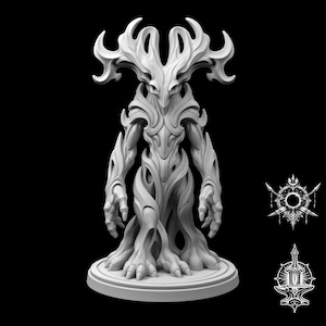 May include: A light gray, monochromatic figurine of a humanoid creature with large, branching, antler-like head protrusions, elongated limbs, and clawed hands, standing on a circular base, accompanied by two small, detailed black and white icons.