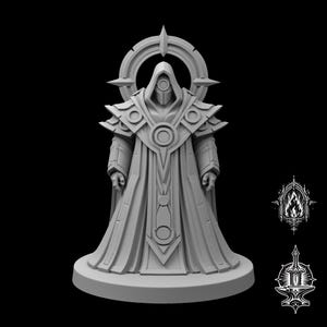 May include: A gray, unpainted miniature figurine of a hooded figure wearing layered, geometric robes and a circular halo-like structure behind the head. The figure stands on a circular base, featuring intricate, symmetrical, and angular design elements.