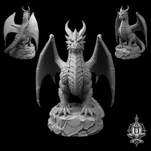 May include: A grey dragon figurine shown from three angles, featuring detailed scales, large wings, and horns, standing on a rocky base. The creature is depicted in a front-facing view, a side profile, and a rear view, all set against a black background.