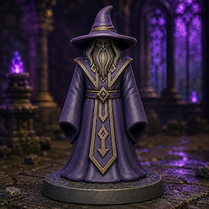 May include: A detailed figurine of a wizard in a purple robe and hat, with a long gray beard. The wizard's robe is adorned with gold trim and geometric designs. The figurine stands on a round, dark gray base, set against a blurred, gothic-style background.