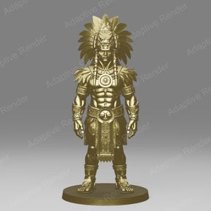 May include: A gold-colored figurine of a warrior wearing an elaborate feathered headdress with a central animal mask, a chest plate, arm guards, and a detailed belt with a circular emblem, standing on a circular base against a gray background.