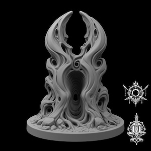 May include: A gray, unpainted resin miniature of a hollow, organic, tree-like structure with swirling, root-like textures and a central opening. The base is circular, and two small, white, detailed graphic icons are positioned to the right side.
