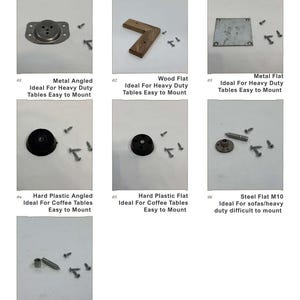 May include: A selection of furniture hardware components, including metal and wood angled and flat pieces, and hard plastic angled and flat pieces. The text reads: "Metal Angled", "Wood Flat", "Metal Flat", "Hard Plastic Angled", "Hard Plastic Flat", "Steel Flat M10", and "Threaded inserts M10".