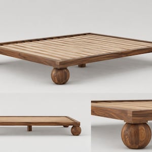 May include: A low-profile platform bed frame constructed from dark brown wood, featuring a slatted surface and four distinct spherical ball-shaped feet at the corners, with an additional central support leg visible from the side profile view.