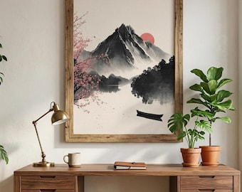 Japandi Berg Kunst, Japanische Landschaft, Wanddekoration Zen Sakura, Rotes Sonnenboot Poster