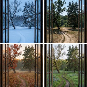Puede incluir: Imagen de cuatro paneles que muestra vistas a través de una ventana, cada una representando una estación diferente. El invierno muestra un paisaje nevado, la primavera un camino verde, el verano un camino de tierra y el otoño un camino con hojas caídas. Los marcos de las ventanas son de color marrón oscuro.
