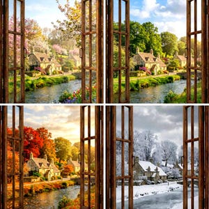Juego de láminas con vista falsa a una ventana de las Cuatro Estaciones, láminas de estilo campestre inglés, decoración campestre inglesa