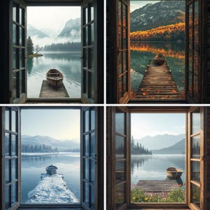 May include: Four images of scenic lake views framed by open wooden windows. Each scene features a small boat on a dock, with mountains and trees in the background. The seasons vary, with one showing autumn foliage and another a snowy landscape.