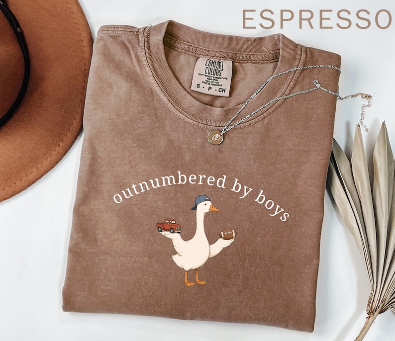 May include: Espresso-colored t-shirt with the text "outnumbered by boys" and a cartoon goose wearing a baseball cap, holding a toy truck and a football. The shirt has a crew neck and short sleeves. A silver necklace is draped across the shirt.