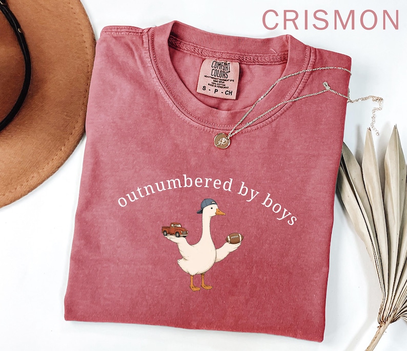 May include: Crimson-colored t-shirt with the text "outnumbered by boys" and a cartoon goose wearing a baseball cap, holding a toy truck and a football. The shirt has a crew neck and a small tag. A silver necklace with a pendant is on the shirt.